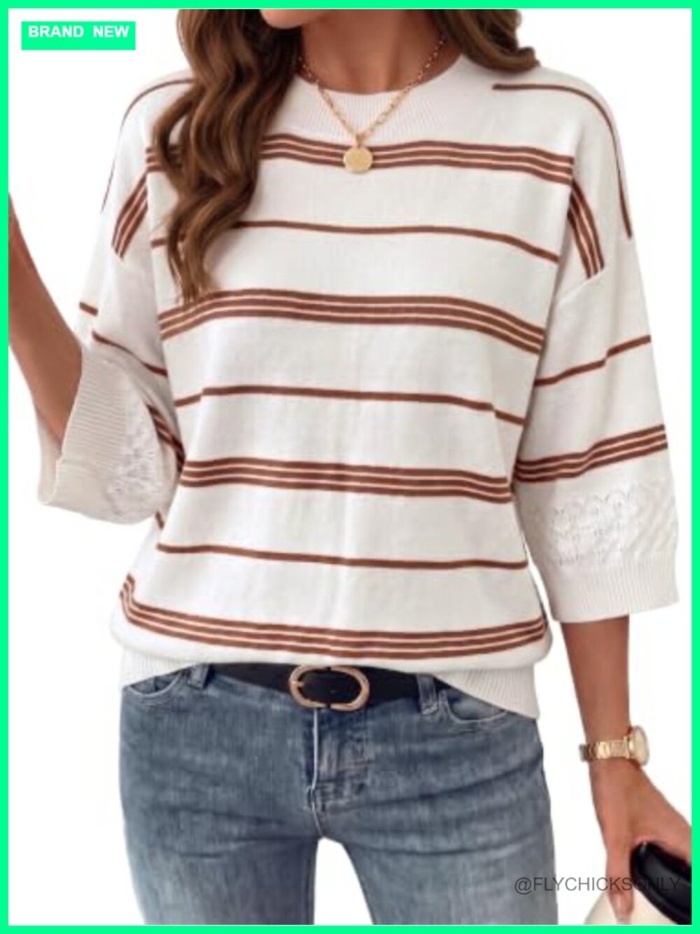 Womens 100% Cotton Oversized 3/4 Sleeve Knit Sweater Pullover